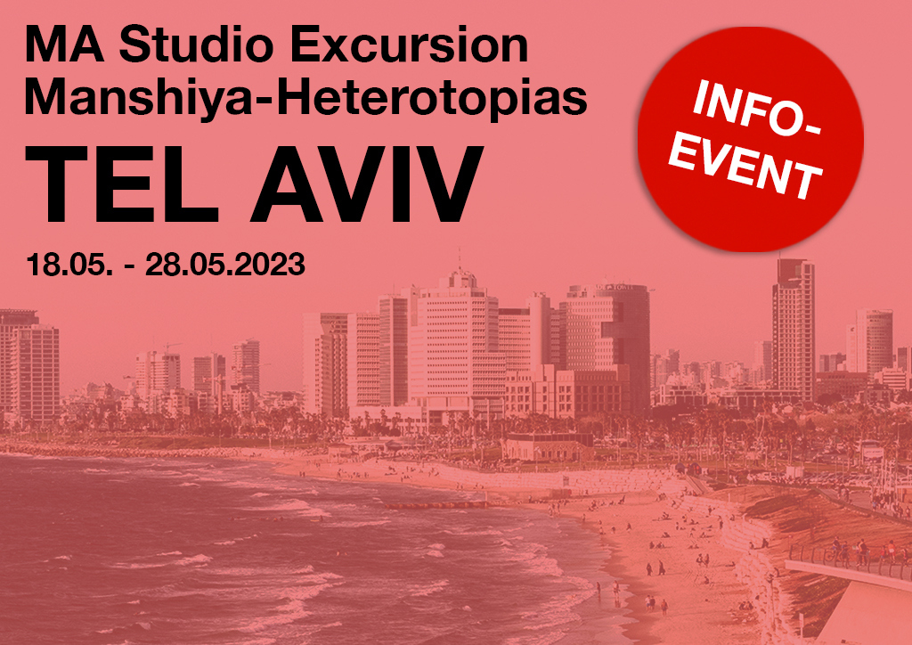 Coastline of Tel Aviv with text layover saying: MA Studio Manshiya-Heterotopias Tel Aviv info event